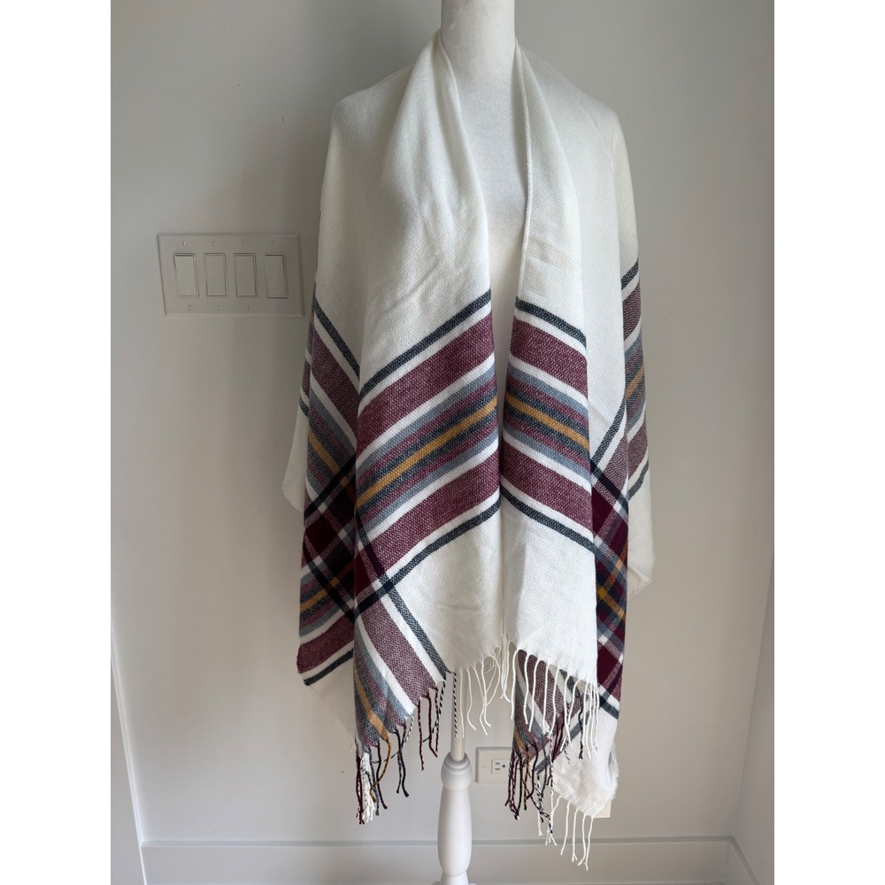Francescas Ivory Striped Plaid Fringe Poncho Wrap NEW One Size